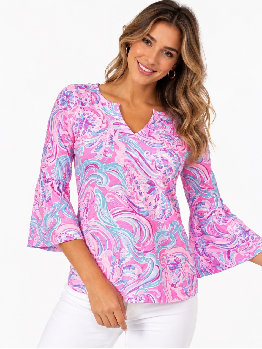 Lilly Pulitzer size S Women's Pink Swirl Print Bell-Sleeve Top summer resort